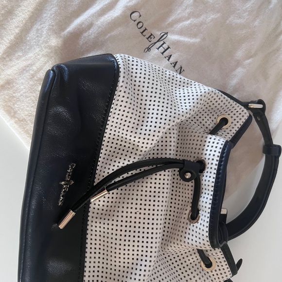 Cole Haan White Black Leather Perforated Bucket Bag - Picture 2 of 3